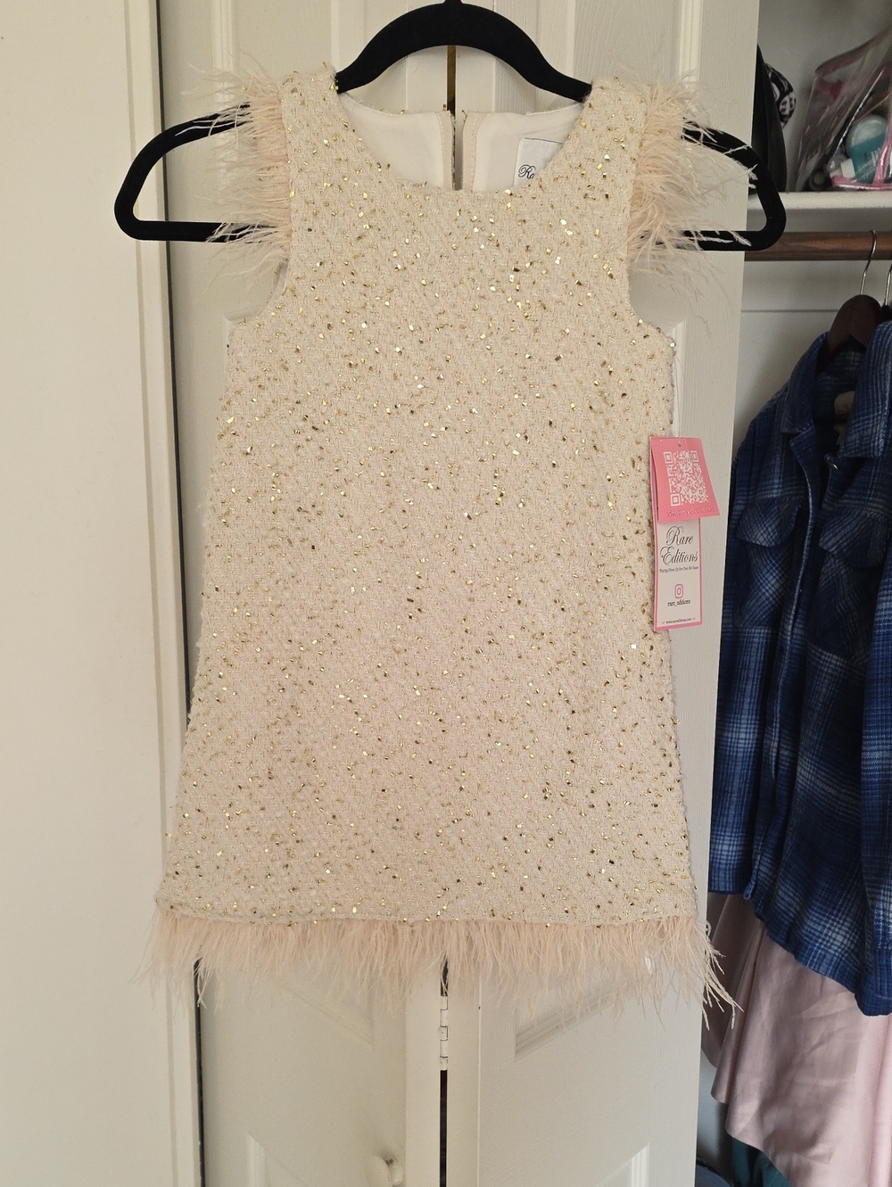 Rare Editions Cream Gold Sparkle Feather Trim Dress